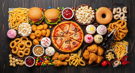 Delicious spread of classic American fast food including burgers, fries, pizza, fried chicken, donuts, and popcorn