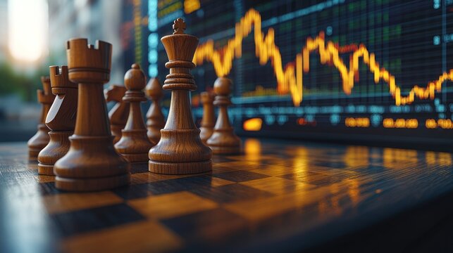 Chess pieces on board, stock market chart backdrop