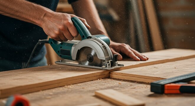 A close-up shot of a carpenter using a circular saw, cutting a piece of wood