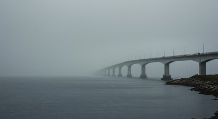 A concrete bridge stretches across a body of water shrouded in mist under a grey sky