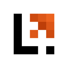 Letter L in black with orange pixel pattern symbolizing data, media, and creative digital innovation.