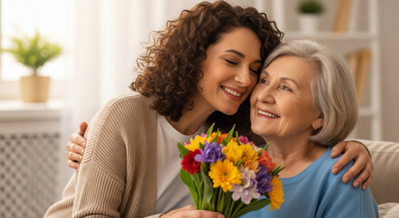 Happy daughter embraces her smiling senior mother and holding a bouquet of flowers