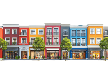 Brightly colored modern buildings at a city corner with trees and a parked car can create a vibrant urban scene during daytime