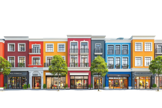 Brightly colored modern buildings at a city corner with trees and a parked car can create a vibrant urban scene during daytime