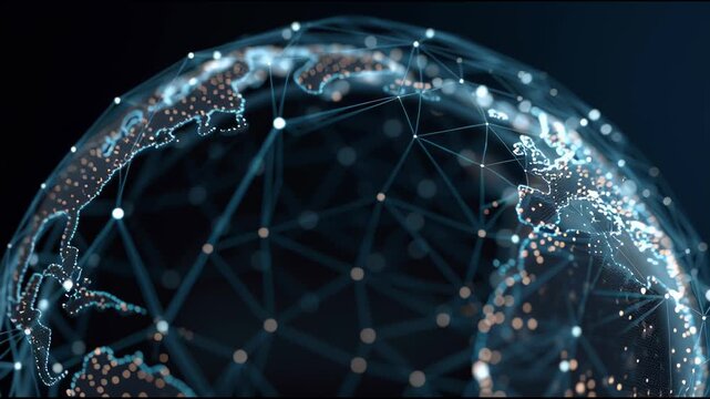 Global Connection: An illuminated digital world map, where data pathways weave a web of interconnectedness across continents, illustrating the boundless flow of information. 