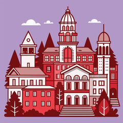 Fototapeta premium Red and white buildings with trees and clouds architecture