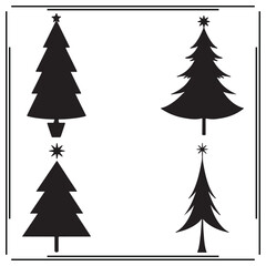 Set of Four Christmas Tree Silhouettes - Black and White Pine Trees with Star Toppers, Minimalist Holiday Icons for Winter and Festive Season Designs