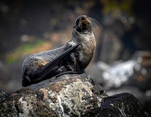 A brown fur seal resting on a wet, dark rock; water & blurry rocks in the background