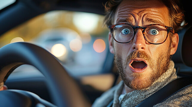 Man in glasses shows shock while driving on a busy road Generative AI