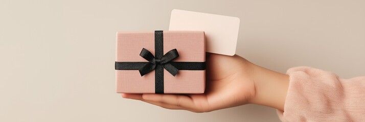 Female hand holding white card over pastel pink gift box tied with black ribbon in clean feminine aesthetic