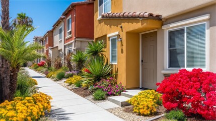 Obraz premium Colorful flowers and lush greenery line the pathways of a modern garden community, showcasing inviting homes. Bright blooms capture the essence of outdoor living under a clear blue sky