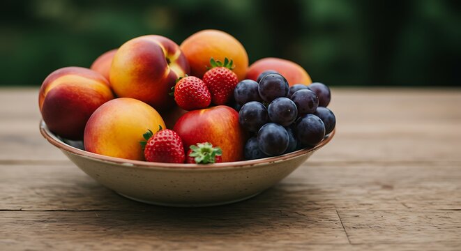 A close-up shot of a ceramic bowl filled with an assortment of fresh fruits