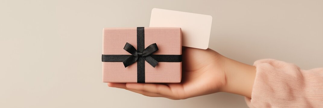 Female hand holding white card over pastel pink gift box tied with black ribbon in clean feminine aesthetic