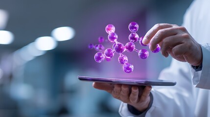 Scientist manipulates glowing molecular structure projecting from a digital tablet device