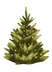 Watercolor Christmas tree with yellow lights clipart, festive decorated pine illustration for holiday design, digital download, greeting card, invitation, printable, scrapbooking, home decor, party