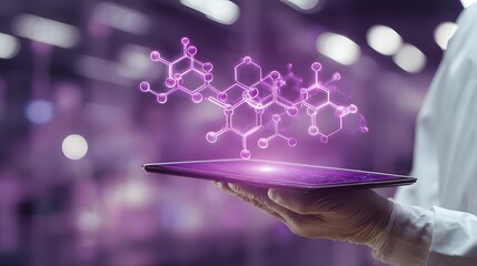 Scientist holds tablet displaying holographic molecular structure in purple lighting