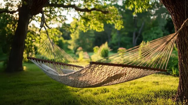 A serene hammock gently swaying between two trees in a lush garden, surrounded by vibrant greenery and blooming flowers, inviting relaxation and tranquility in nature