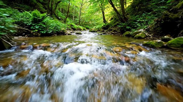 A dynamic tracking shot follows a vibrant creek as it tumbles over small rapids, showcasing the energy of the moving water in soft light peaceful, energy, energetic
