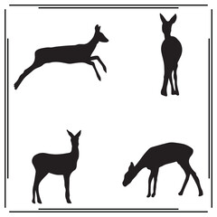 Set of Four Deer Silhouettes - Running, Grazing, and Standing Deer - Wildlife Icons on White Background