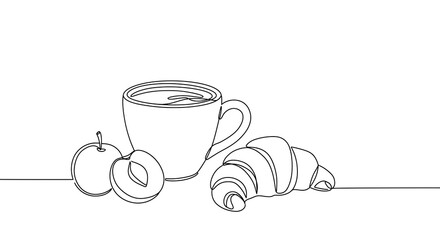 A continuous line drawing of a breakfast setup coffee, croissant, and fruit