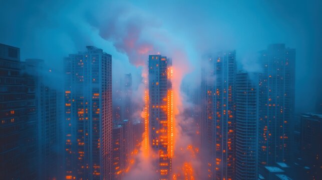 City skyline shrouded in fog, vibrant lights