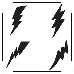 Set of Four Black Lightning Bolt Icons - Electric Flash, Power Symbol, Thunderbolt Silhouettes on White Background