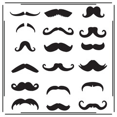 Collection of 16 Black Mustache Silhouettes - Curly, Classic, Handlebar, and Thin Mustaches - Various Facial Hair Icons on White Background