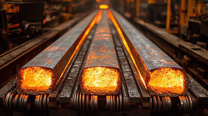 Steel factory processes hot metal billets during production Generative AI