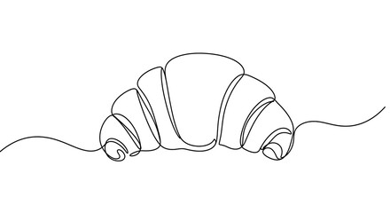 A continuous single-line drawing of a croissant, in elegant, minimalist black against white background