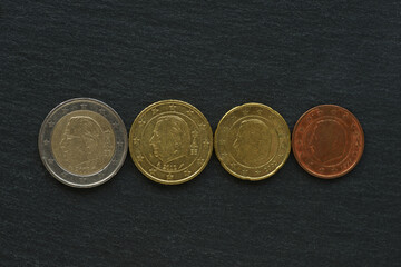 Close-up shot of Belgian  5, 20, 50  cent coins and 2 euro depicting King Albert 2 on a dark background