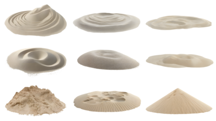 Sand texture variations in various piles and forms . Isolated on transparent background, png