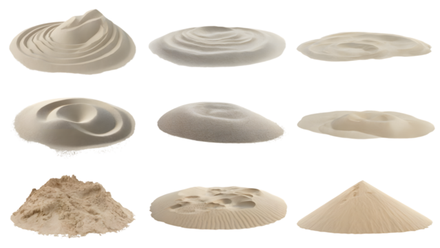 Sand texture variations in various piles and forms . Isolated on transparent background, png