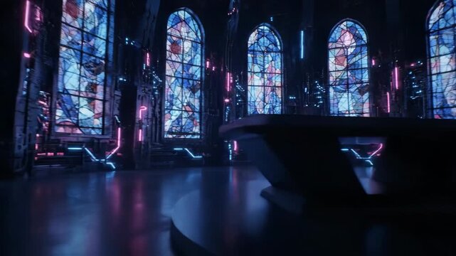 Cyberpunk stained glass hall