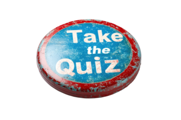 Round red button with white text inviting users to take a quiz, featuring a worn texture and transparent background suitable for digital designs or educational materials