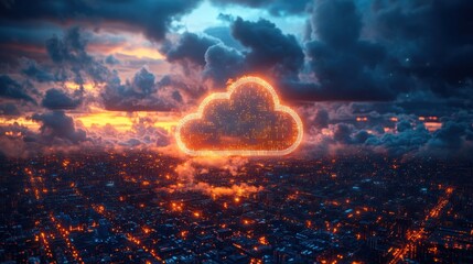 Cityscape, glowing cloud, sunset
