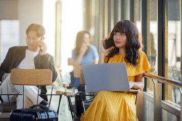 Set of Three person keeping a conversation with the mobile phone with someone. People have pleasant...