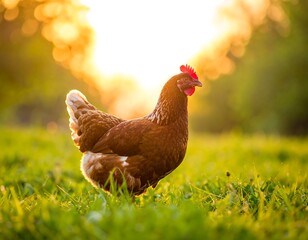 A brown hen with a red comb stands in vibrant green grass, illuminated by golden sunlight