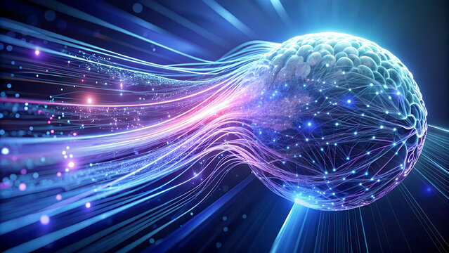 Dynamic technology background with flowing binary code, glowing lines, and AI brain shape made of data nodes, cyber concept, blue and purple gradient lighting. - Powered by Adobe