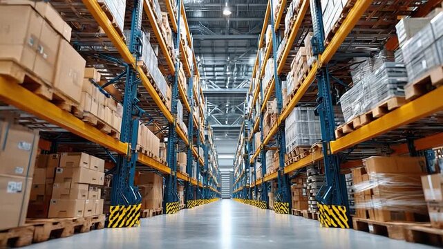 Warehouse Efficiency: Rows of meticulously organized shelves filled with packed boxes and goods. The perspective draws the viewer in.