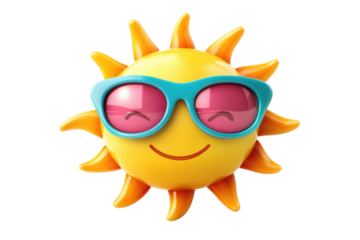 Bright sun wearing sunglasses with a cheerful smile, perfect for summer-themed designs and decorations on transparent background