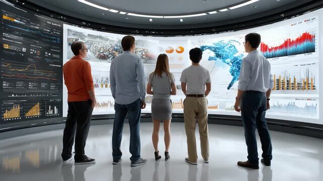 Data Analysis Meeting: A focused group of professionals gathers, their attention drawn to the compelling data visualizations displayed on a massive screen, sparking insights and strategic thinking.