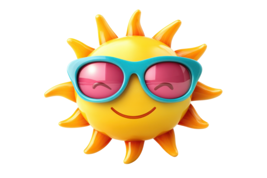 Bright sun wearing sunglasses with a cheerful smile, perfect for summer-themed designs and decorations on transparent background