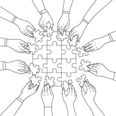 Diverse group of hands holding puzzle pieces together forming a central connection symbolizing unity and teamwork