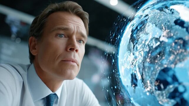 Global Vision: A focused individual studies a glowing digital globe, possibly overseeing crucial worldwide connectivity. The image captures concentration, and advanced communication.