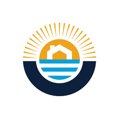 Sunrise house logo with waves symbolizing real estate, holiday home, and seaside living concept.