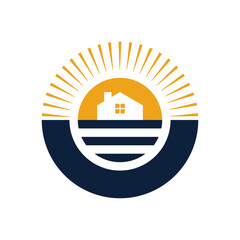 Real estate sunrise logo with home, ocean wave, and sun symbolizing prosperity and lifestyle.