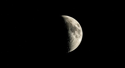 A close-up shot of the moon displaying its half-lit surface against a vast, inky night sky