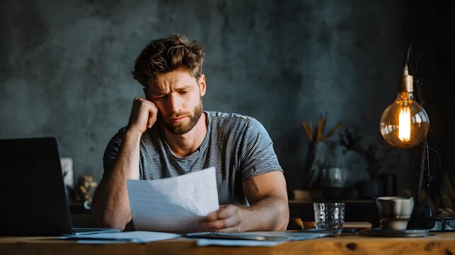 Stressed young man reviewing important document while sitting at dimly lit desk - Powered by Adobe