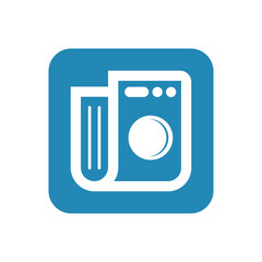 Laundry and washing machine icon in blue square symbolizing cleaning service and home appliance industry.