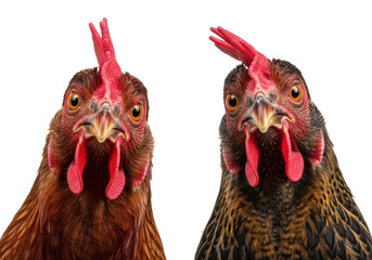 Naklejka premium Two curious domestic chickens, brown and speckled hens with vivid red combs, tilt heads, wide eyes, direct gaze on plain white studio background with soft lighting. Curious animal portrait